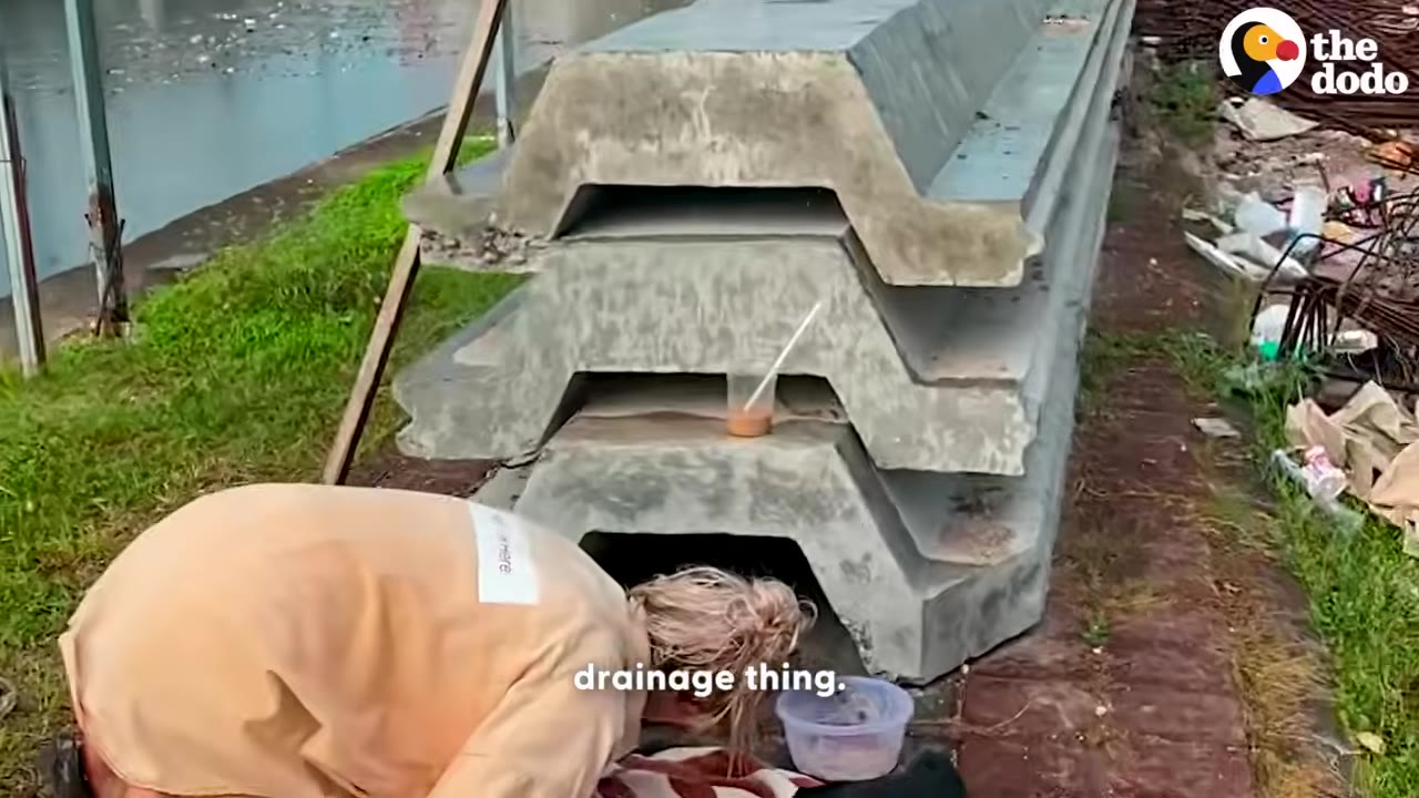 A person in a light-colored shirt bends down to look inside the bottom opening of a stack of concrete drainage structures.