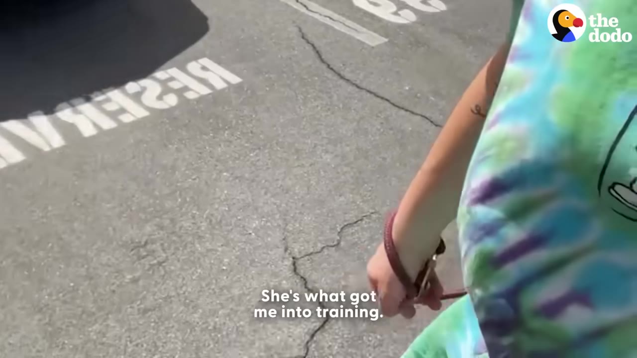 A first-person perspective of a person wearing a tie-dye shirt holding a dog's leash while walking on asphalt, with on-screen text that reads, 'She's what got me into training.'