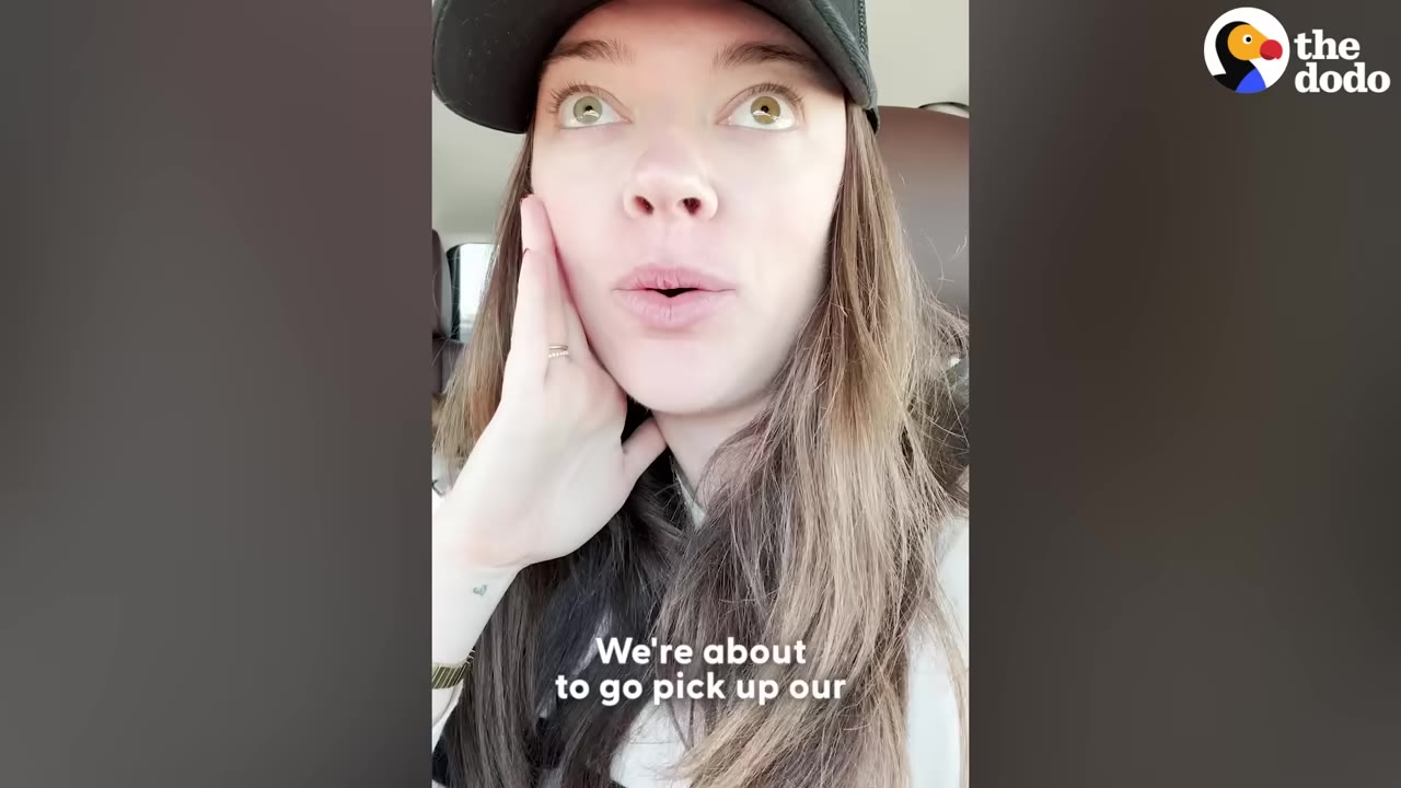 A close-up of a woman wearing a black cap inside a car, looking wide-eyed and anxious with her hand on her cheek.