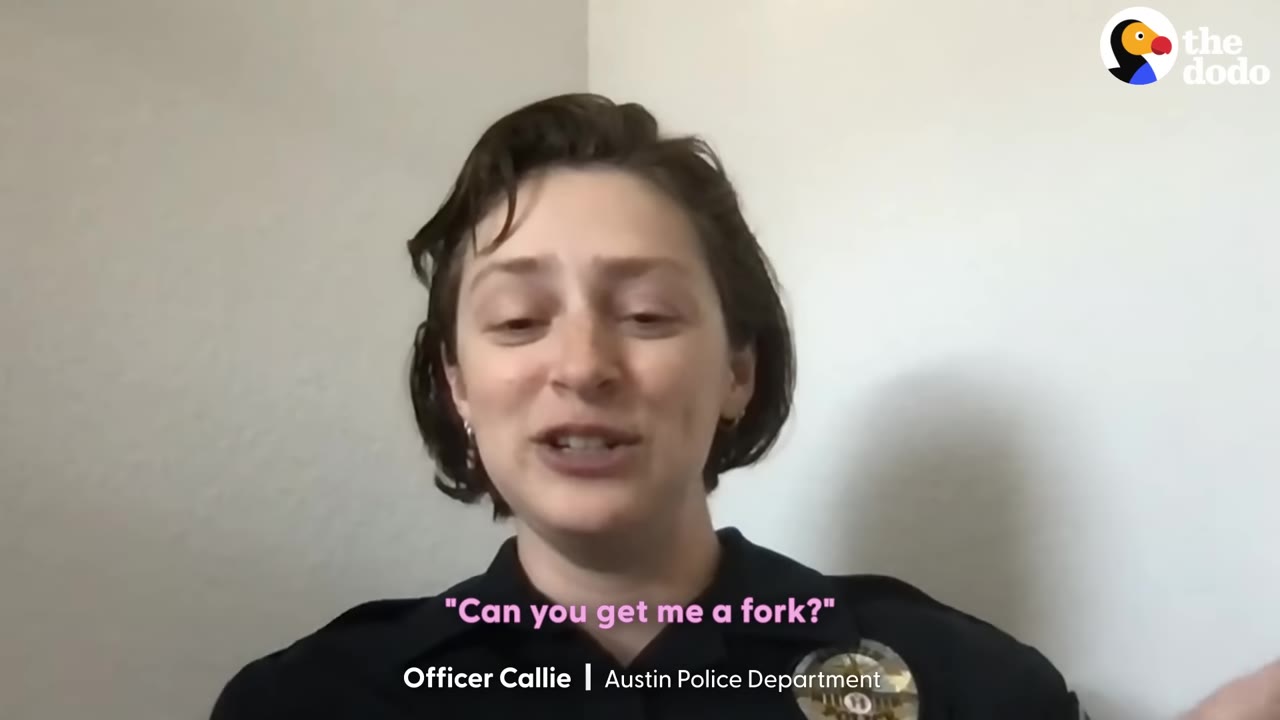 A close-up of Officer Callie from the Austin Police Department speaking, with a subtitle that reads, 'Can you get me a fork?'