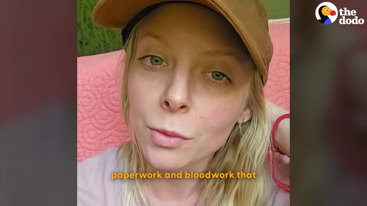 A close-up of a blonde woman wearing a brown baseball cap, speaking directly to the camera with text on screen that reads 'paperwork and bloodwork that'.