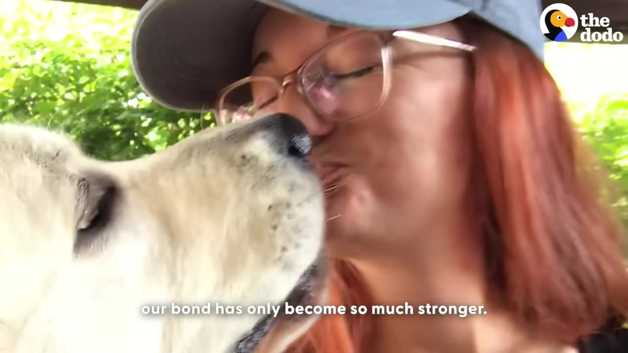 A close-up shot of a woman with red hair, glasses, and a blue cap kissing a light-colored dog on the nose.