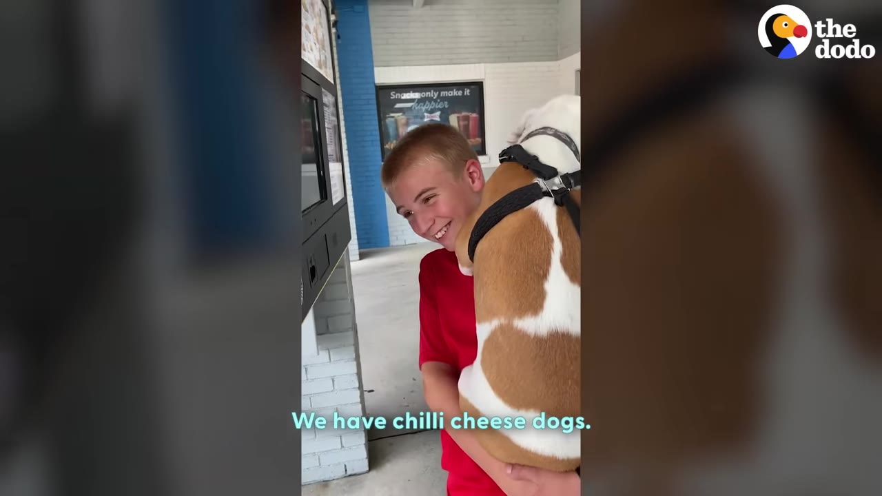 A smiling boy in a red shirt holds a brown and white dog in his arms next to a drive-thru speaker box.