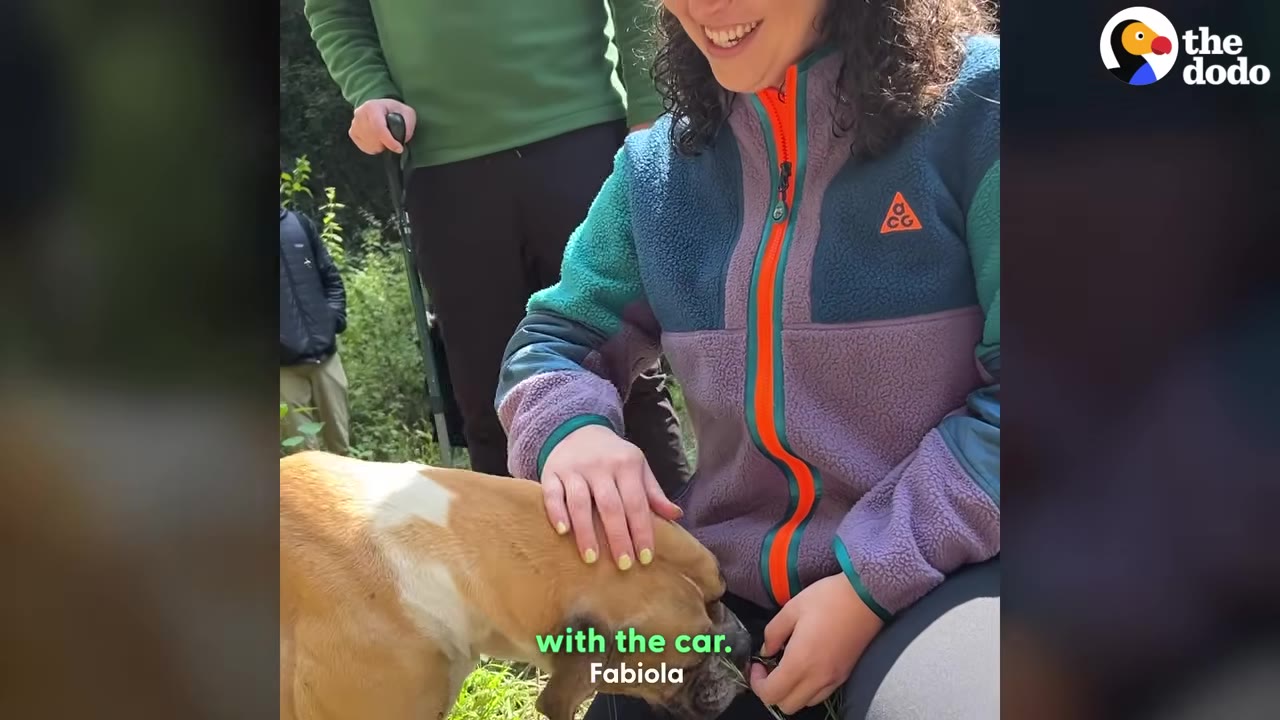 A smiling woman in a colorful fleece jacket gently pets a tan and white dog on its head.