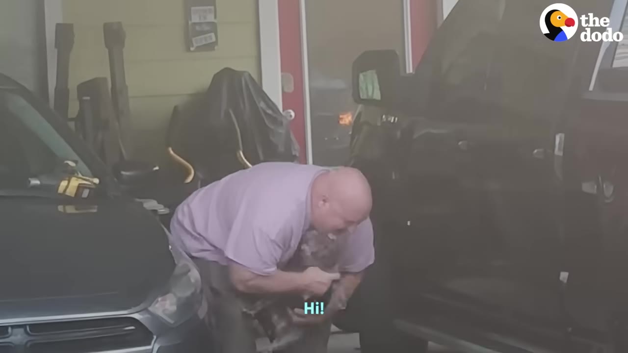 A man in a purple shirt bends down to hug and hold a small grey dog in a carport next to a black truck.