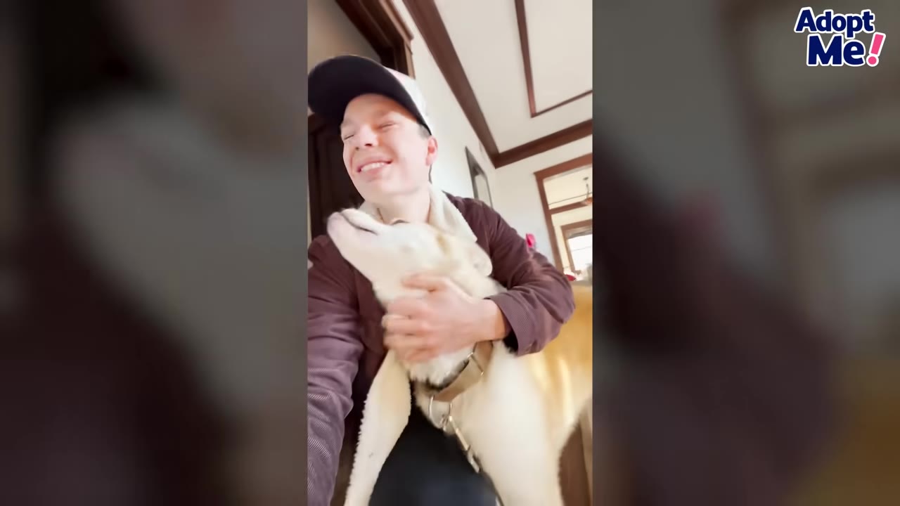 A smiling young man wearing a baseball cap hugs a light-colored dog indoors.