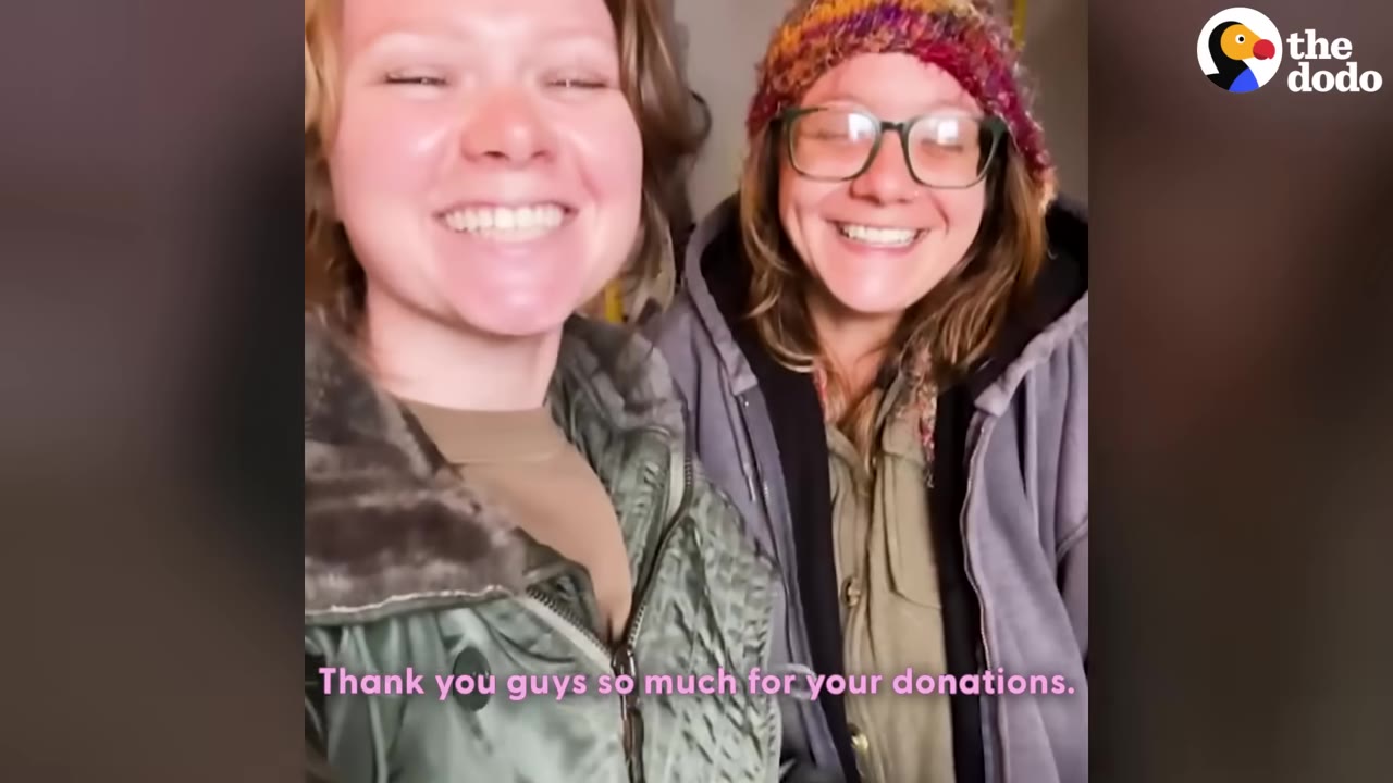 Two smiling women, one in a green jacket and the other wearing glasses and a knit hat, with a caption thanking people for donations.