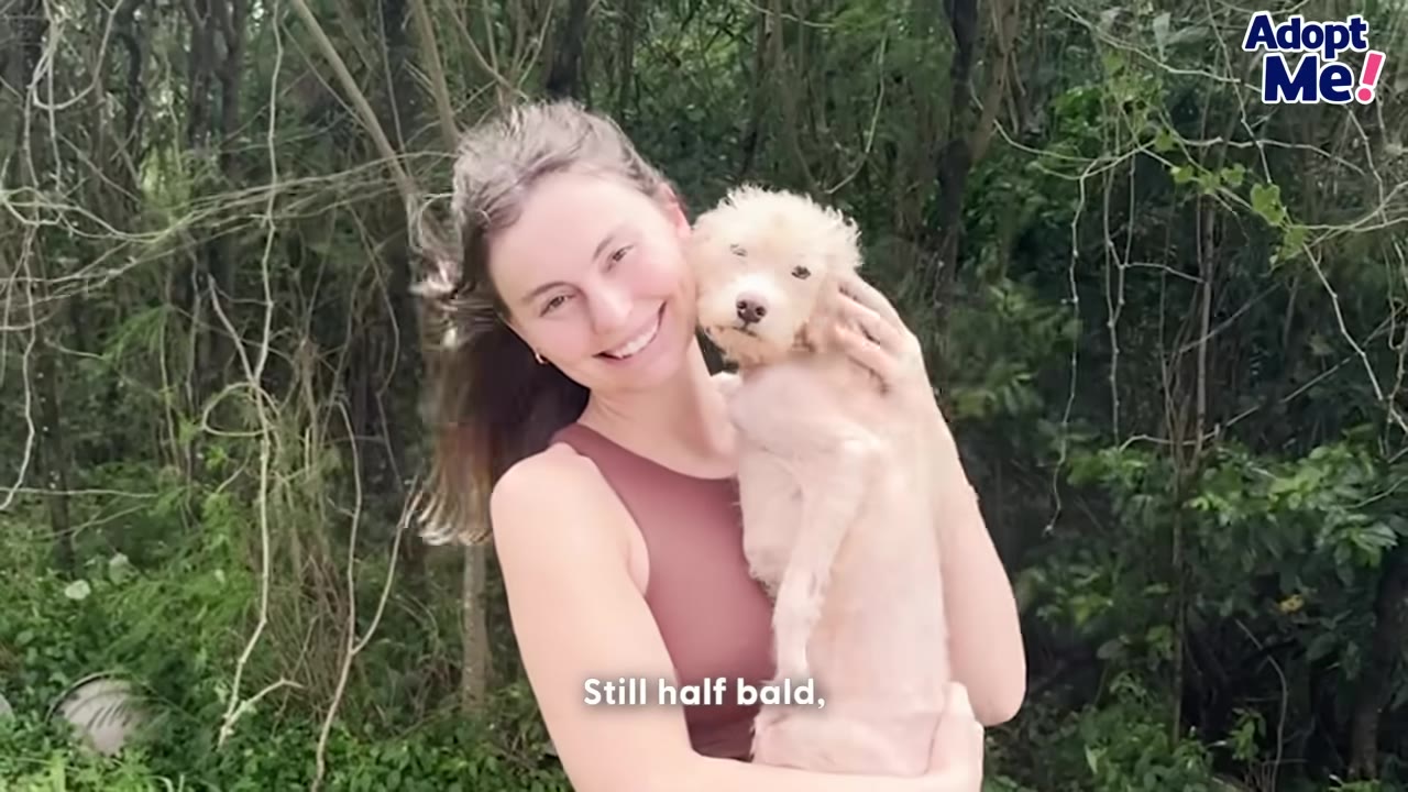 A smiling woman holds a small, light-colored dog with sparse fur on its body, standing in front of a background of green trees and foliage.