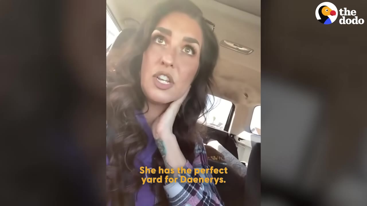 A woman with long brown hair, wearing a purple shirt and a plaid flannel, speaks inside a car with a subtitle that reads, 'She has the perfect yard for Daenerys.'