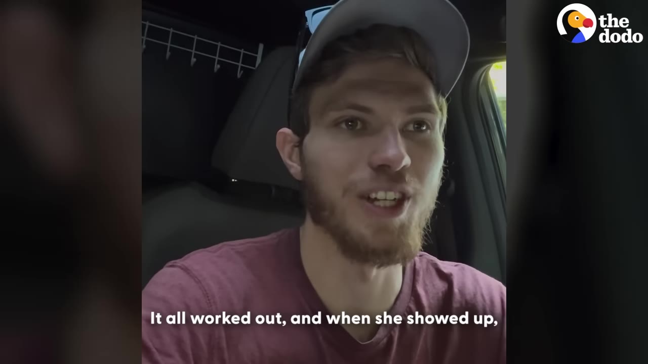 A man wearing a baseball cap and a maroon shirt speaks from inside a car, with the subtitle 'It all worked out, and when she showed up,'.