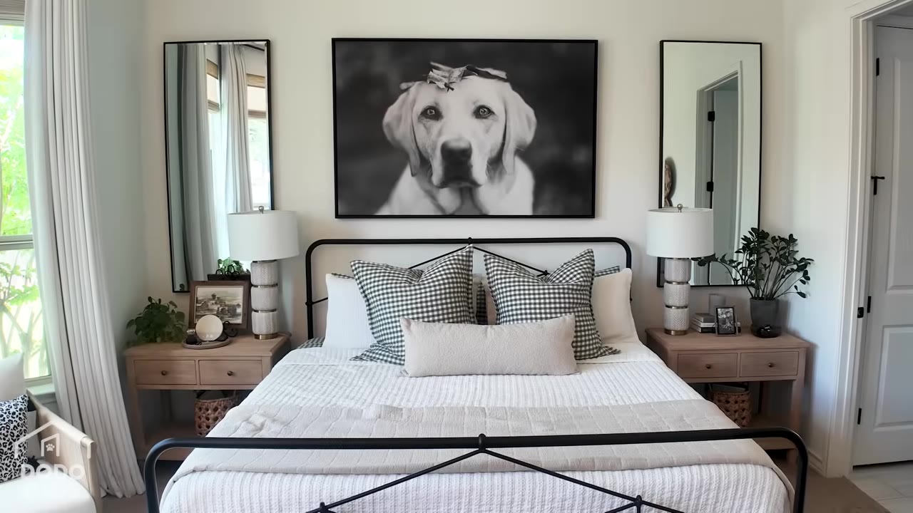 A neatly made bed with plaid pillows and a large black-and-white framed photograph of a yellow Labrador retriever hanging on the wall above the headboard.