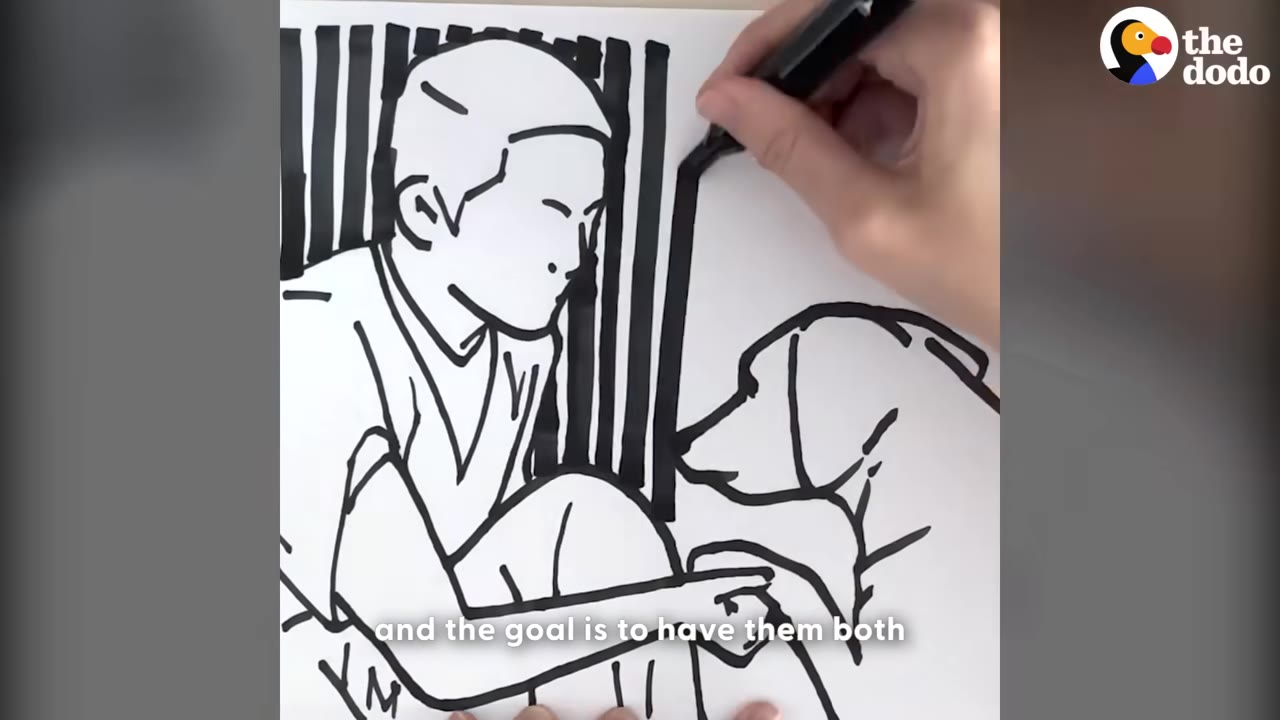 A hand-drawn illustration depicting a person sitting behind bars holding paws with a dog, representing the pairing of rescue dogs and incarcerated individuals.
