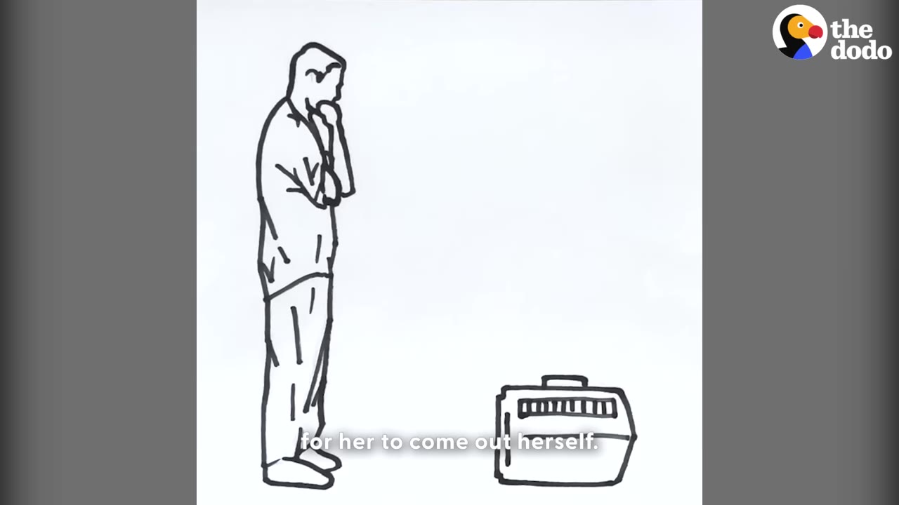 A black and white line drawing of a man standing hesitantly with his hand to his chin, looking down at a closed pet carrier on the floor.
