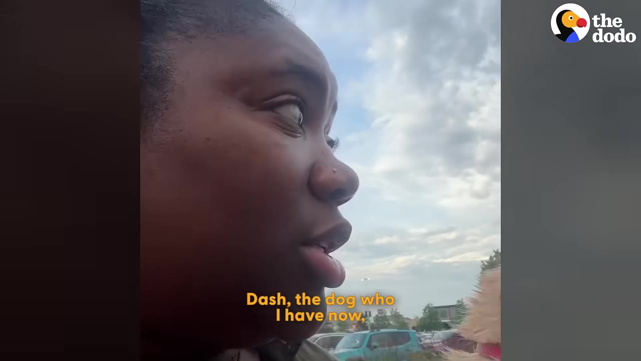 A close-up profile of a woman looking to the side outdoors, with text on screen reading 'Dash, the dog who I have now,'.