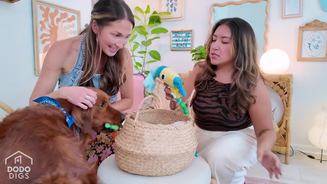 A woman in a denim top smiles as she pets a golden retriever dog wearing a blue bandana, while another woman holds up a colorful plush bird toy from a woven basket.