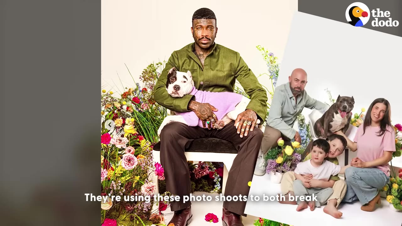 A man with facial tattoos wearing a green shirt sits on a chair holding a dog wearing a purple sweater, next to a photo of a family posing with their dog amidst floral arrangements.