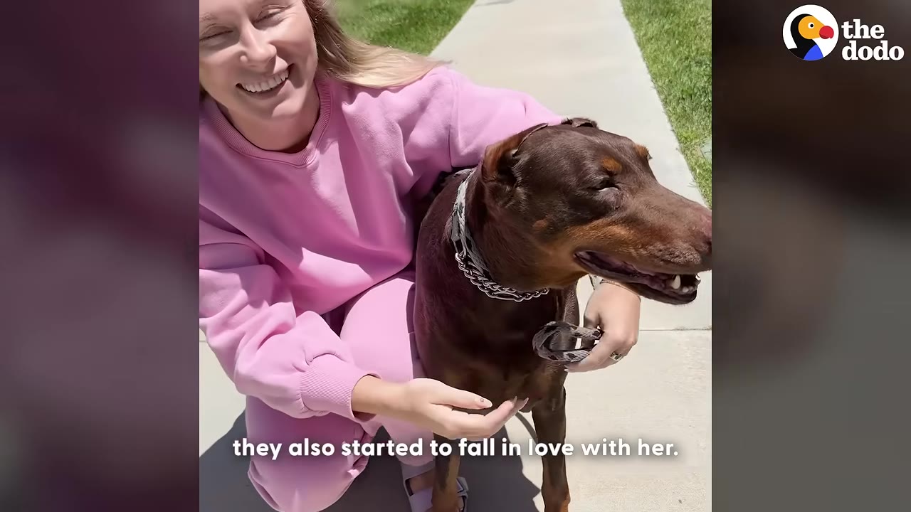 A smiling woman in a pink sweatshirt kneels on a sidewalk, hugging a brown Doberman dog who is panting happily.