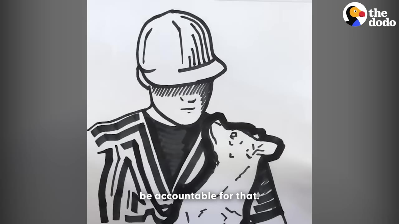 A black and white line drawing of a man in a striped prison uniform and cap holding a small animal close to his chest.