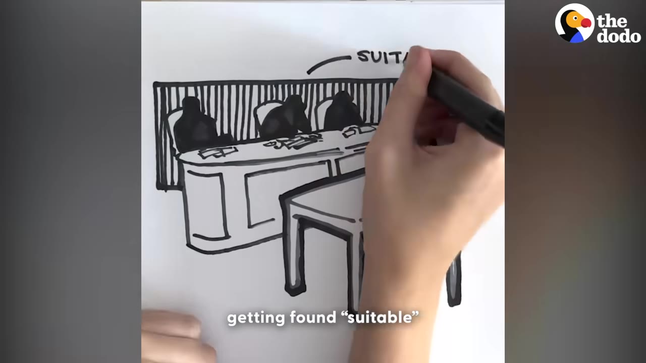 A hand drawing a black and white illustration of three figures sitting behind a long desk, representing a parole board, with the text 'getting found "suitable"' at the bottom.