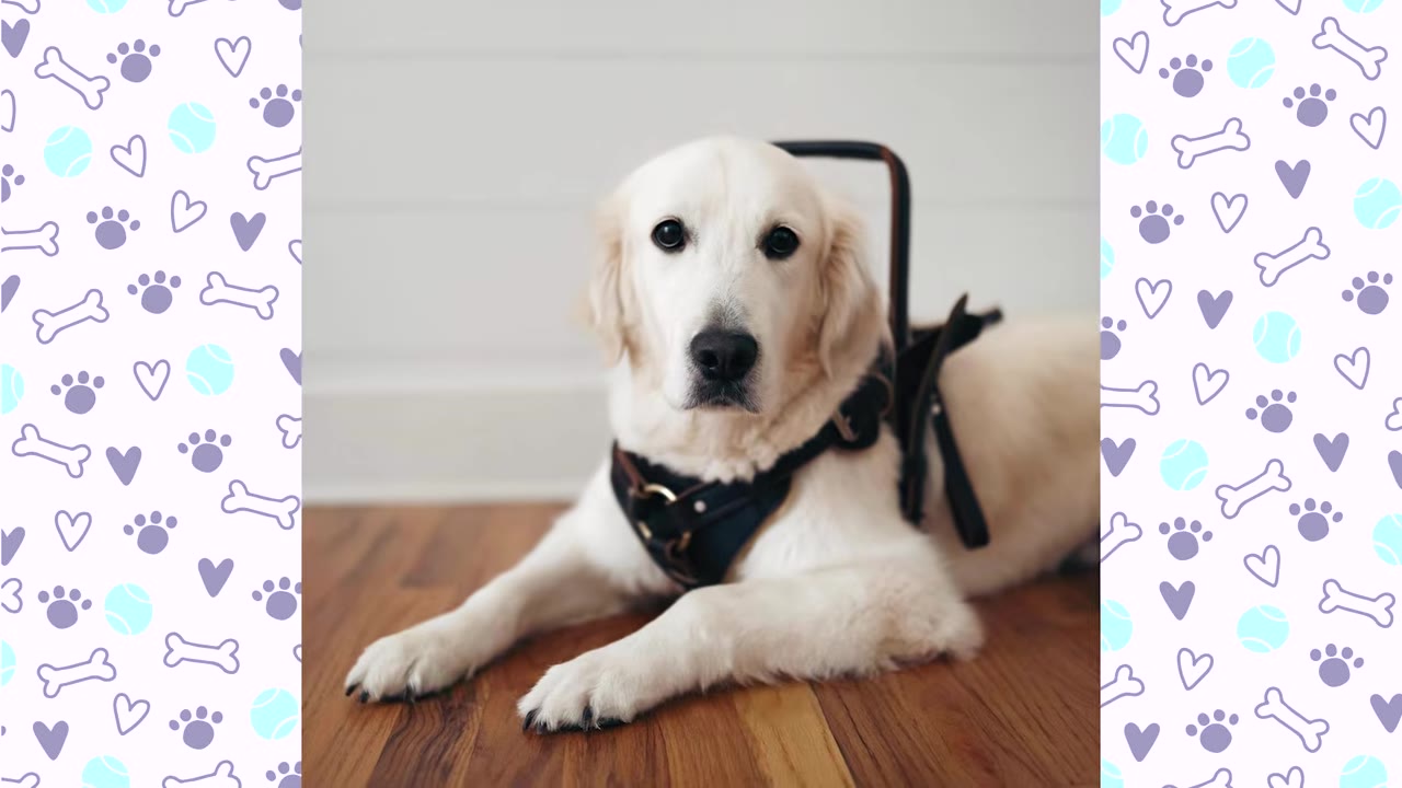 A light-colored golden retriever service dog wearing a black harness lies on a wooden floor, looking directly at the camera.