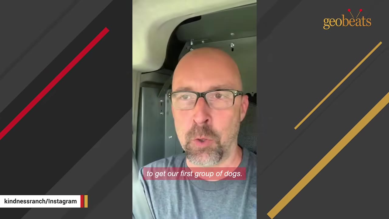 A bald man with glasses and a beard speaking inside a vehicle, with a caption reading 'to get our first group of dogs.'