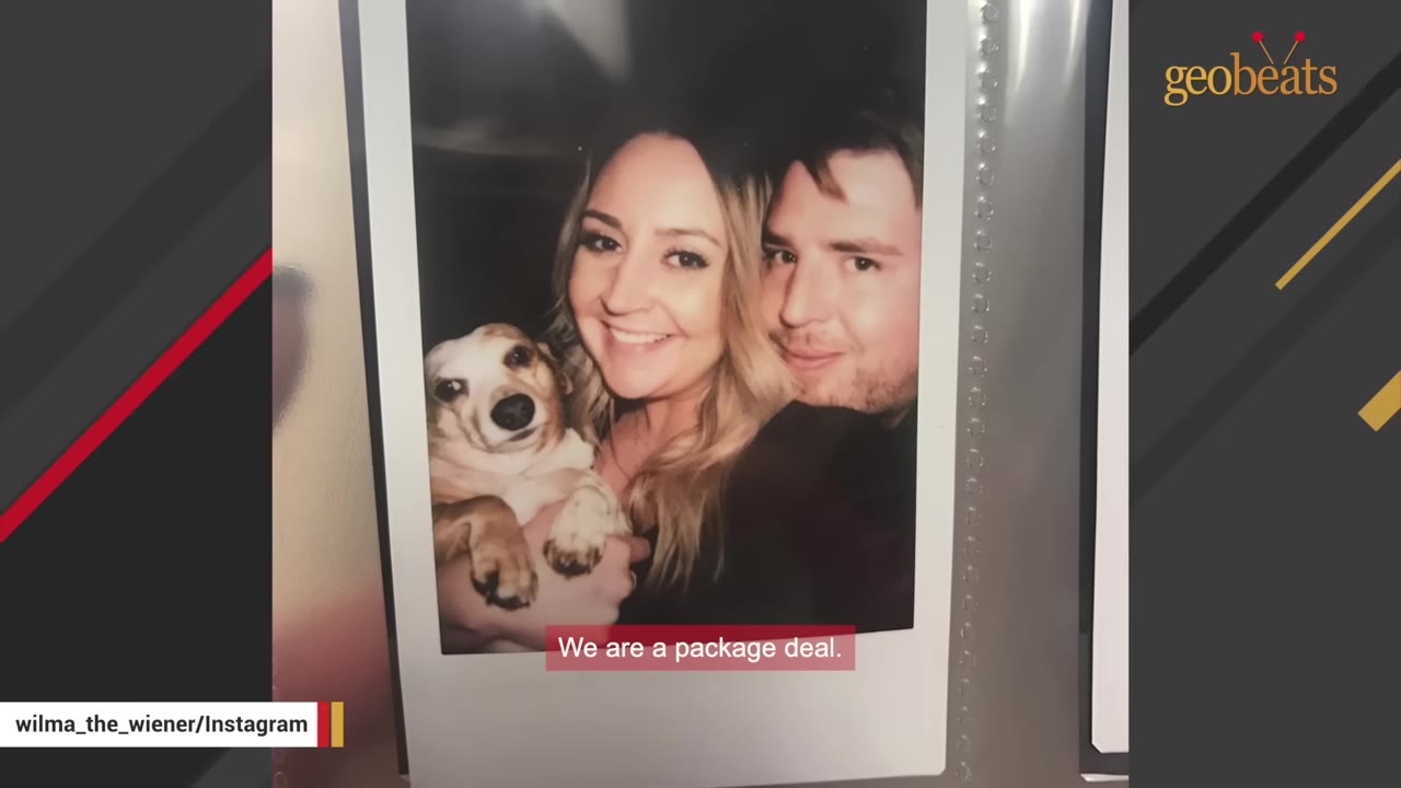 A polaroid photo showing a smiling woman holding a small brown and white dog, with a man smiling next to her, captioned 'We are a package deal.'