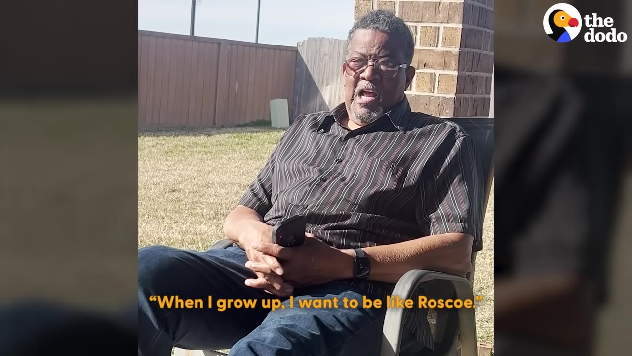 An older man wearing glasses and a striped shirt sitting outdoors in a patio chair while speaking.