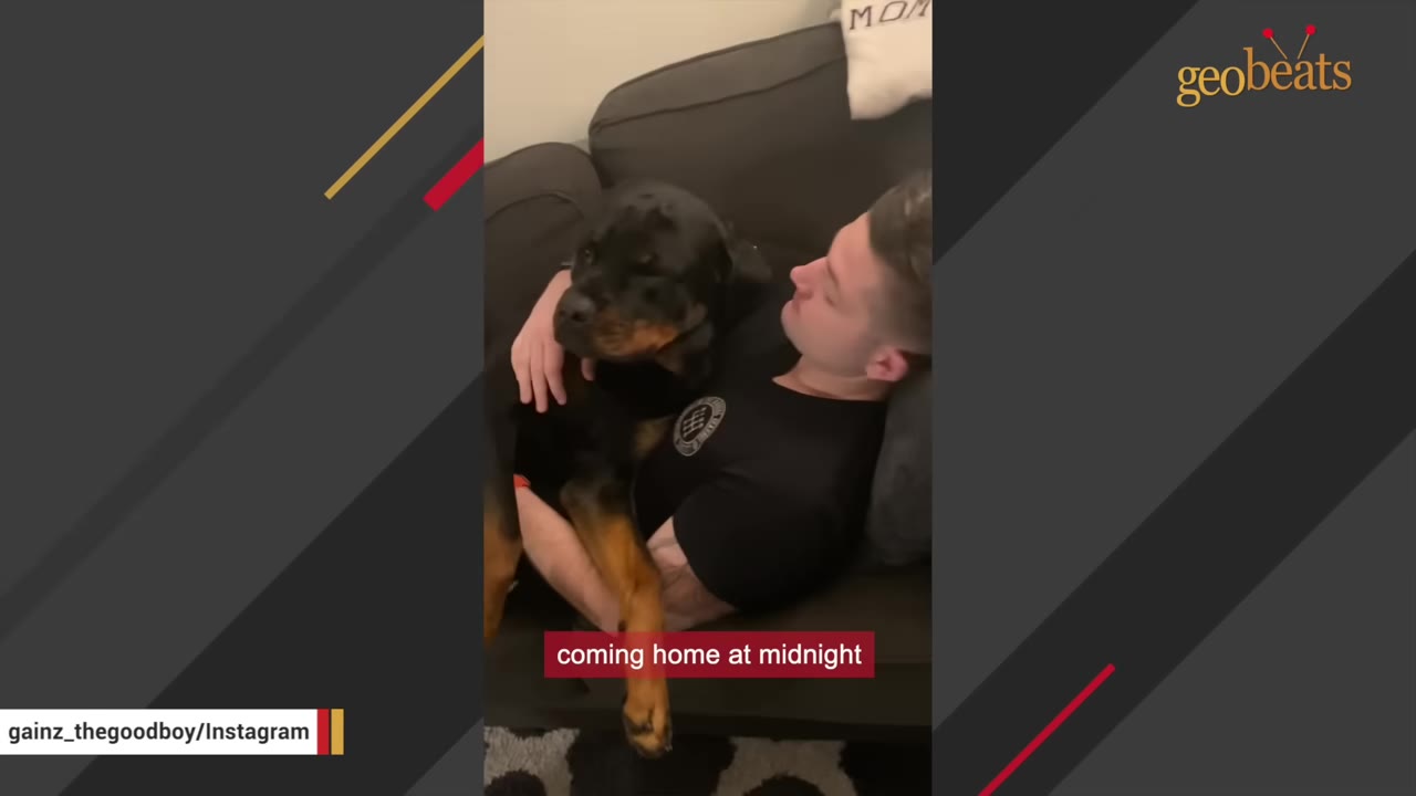 A man lying on a couch holding a Rottweiler dog close to his chest.