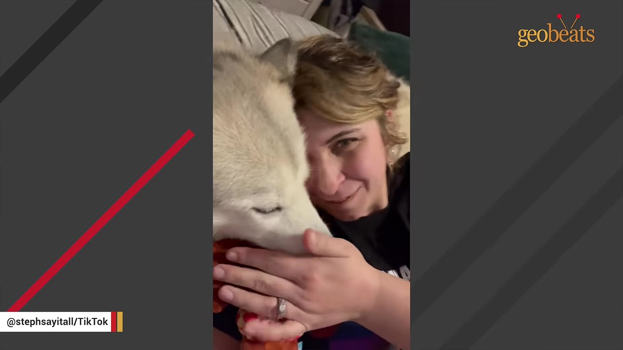 A close-up of a woman with blonde hair smiling as she hugs a light-colored husky dog.