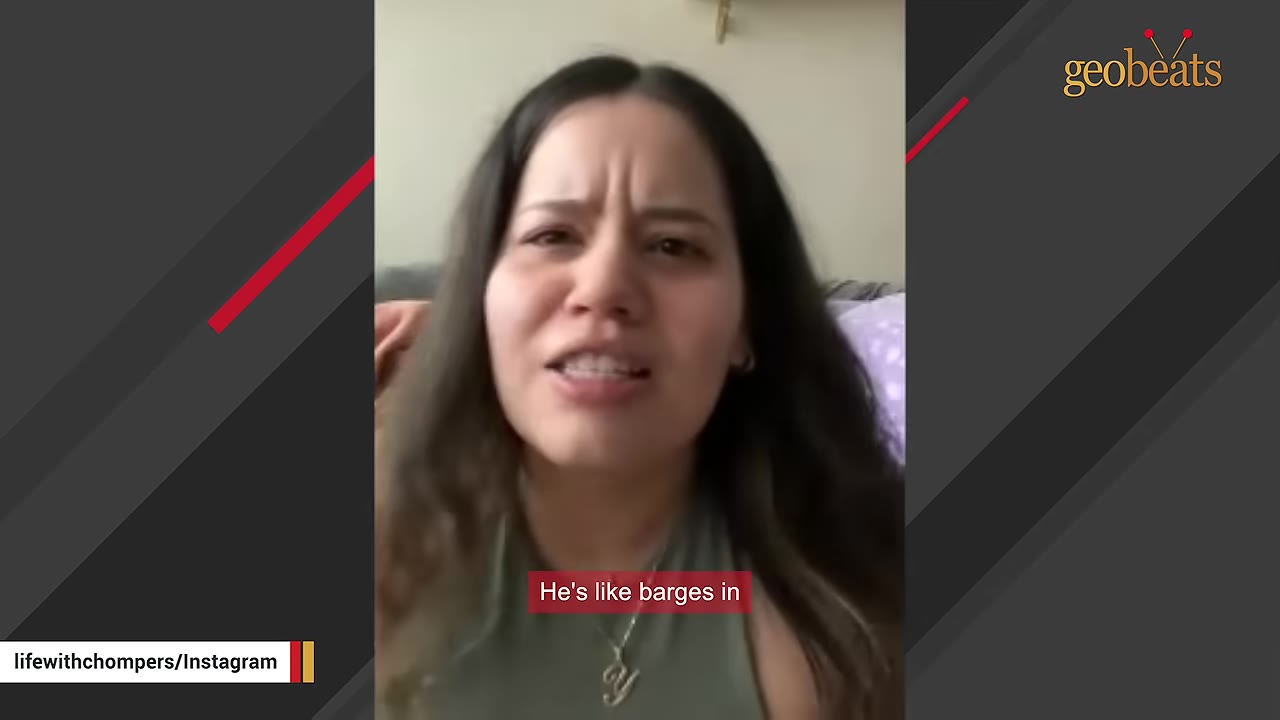 A woman with long dark hair wearing a green tank top and a necklace speaks to the camera with an expressive face, with a subtitle that reads 'He's like barges in'.